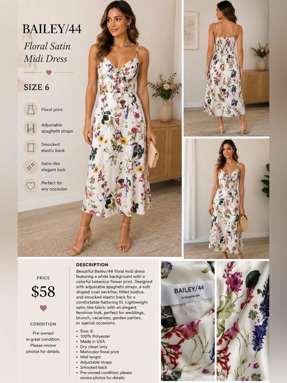 Bailey/44 Floral Satin Midi Dress White Multicolor Size 0 Made in USA